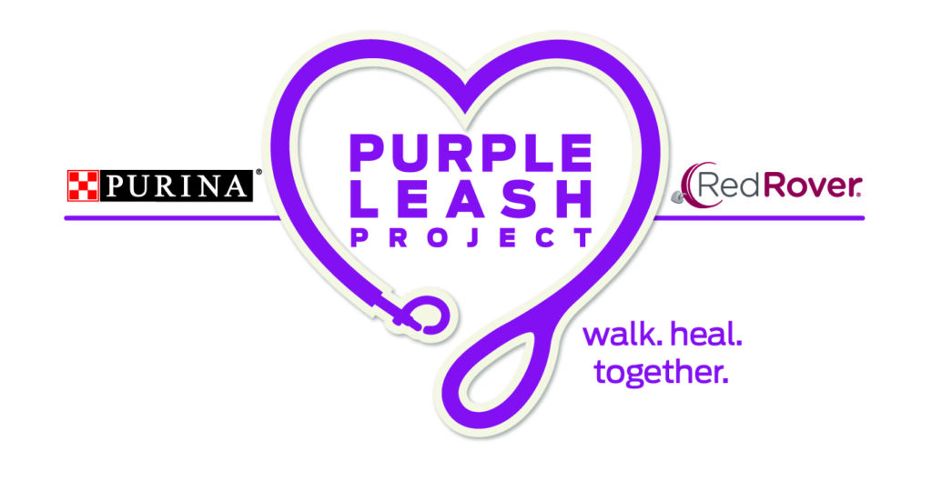 Purple Leash Project in purple letters with a purple leash around it. Purple Leash Project is by Purina to help Domestic Violence Survivors escape with their pets. 